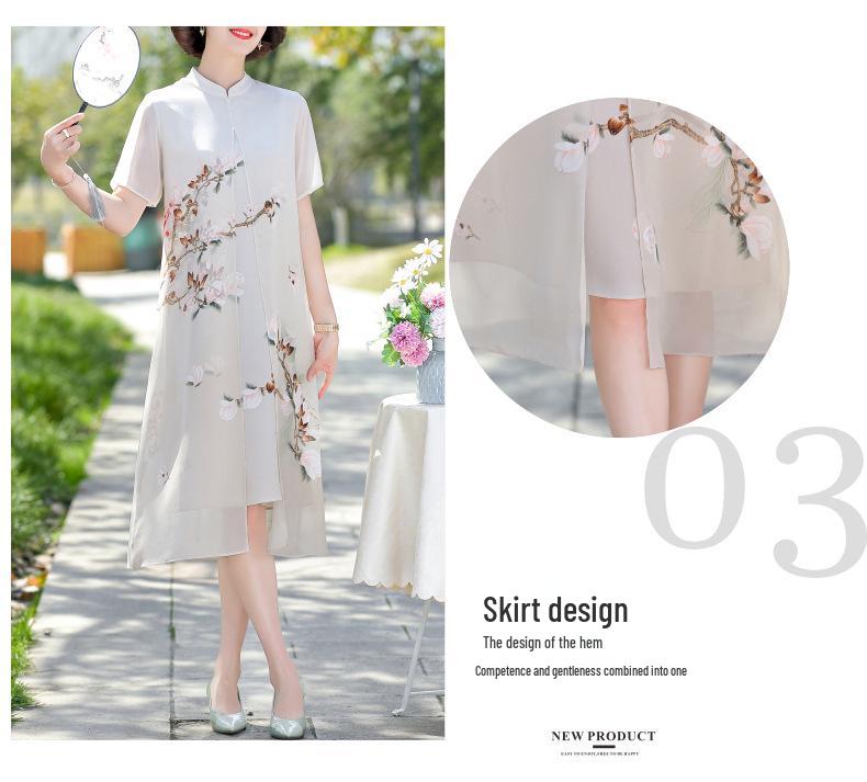 Chinesischer Stil Chiffon Qipao Kleid: Sommer-Zweiteiler-Look für Frauen mittleren Alters & ältere Frauen