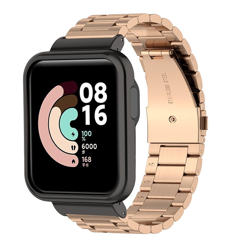 

Replacement 304 Stainless Steel Three Beads Watch Strap with Watch Case Protector+Installation Tool for Xiaomi Redmi Watch/Mi Watch Lite Rose Gold