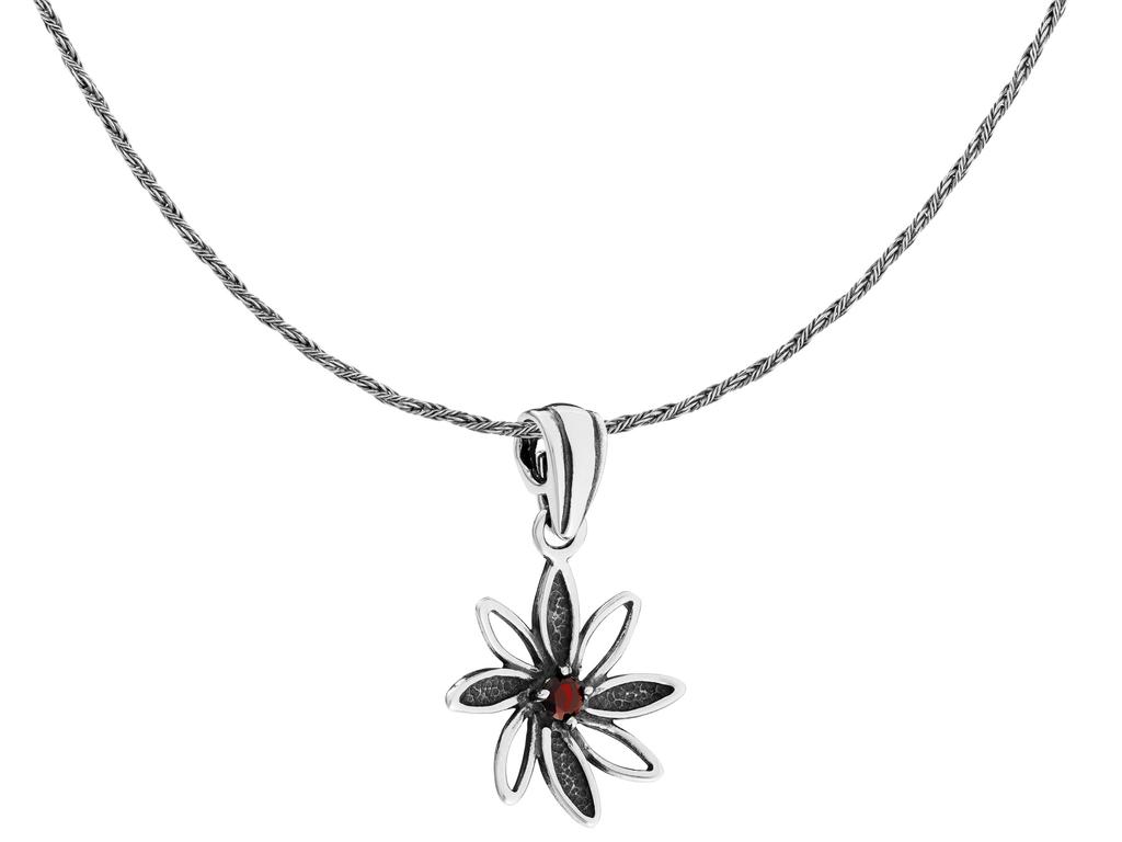 Short Silver Women's Necklace Flower With Red Zirconia Flower Choker 32