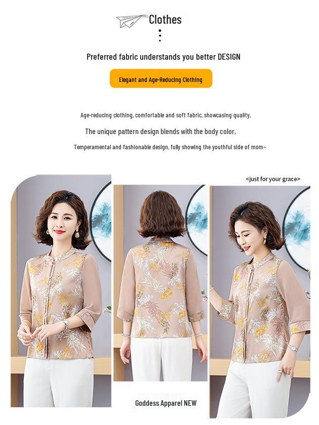 2026 Summer Elegant Three-Quarter Sleeve Shirt for Mothers - New Chinese Style for Middle-Aged and Elderly Women