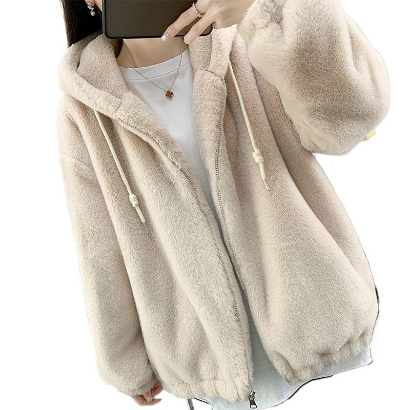 2025 Winter Women's Hooded Faux Fur Coat - Mid-Length, Loose, Thickened Imitation Rabbit & Lambswool