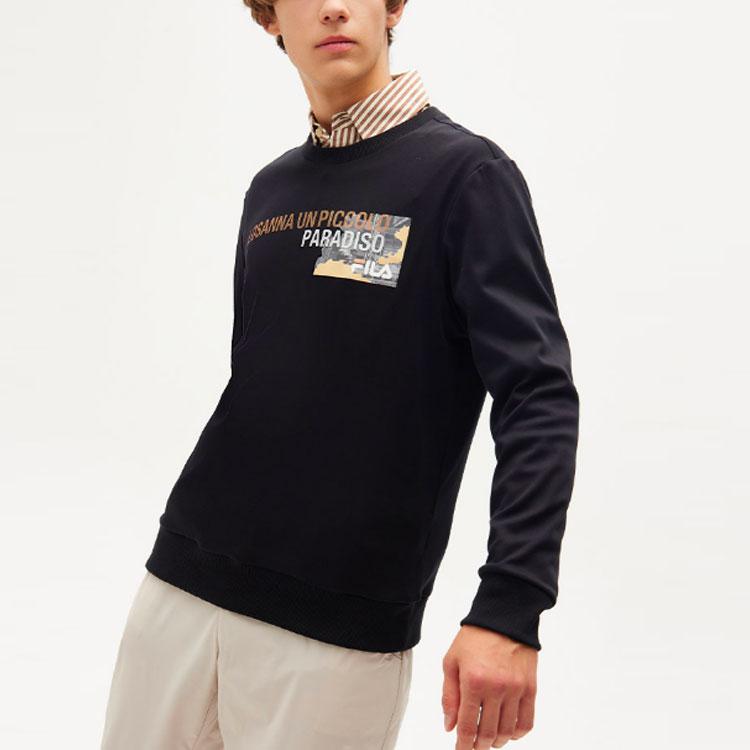 Fila Letter Print Crew Neck Long Sleeve Pullover Sweatshirt Men Sweatshirt Black F11M138254F-BK