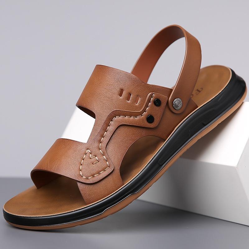 Men Summer Slip-On Sandals Breathable Soft Bottom Casual Driving Beach Shoes Anti-Slip Comfortable PU Leather Zapatos De Hombre