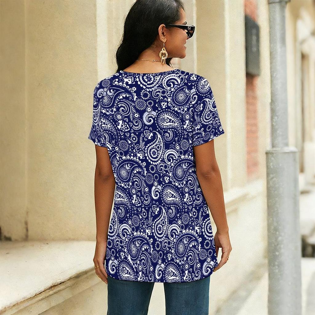 Women Square Neck Short Sleeve Blouse Watercolor Butterfly Floral Irregular Hem