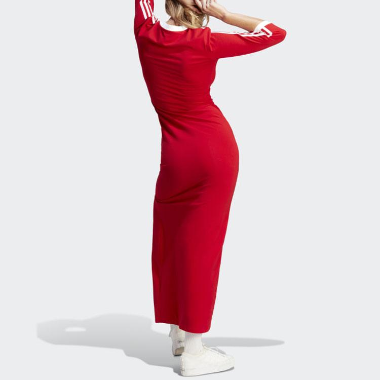 adidas Oryginały Adicolor Classics 3-paskowa sukienka maxi z dekoltem w szpic i pół rękawami damska sukienka czerwona II0750