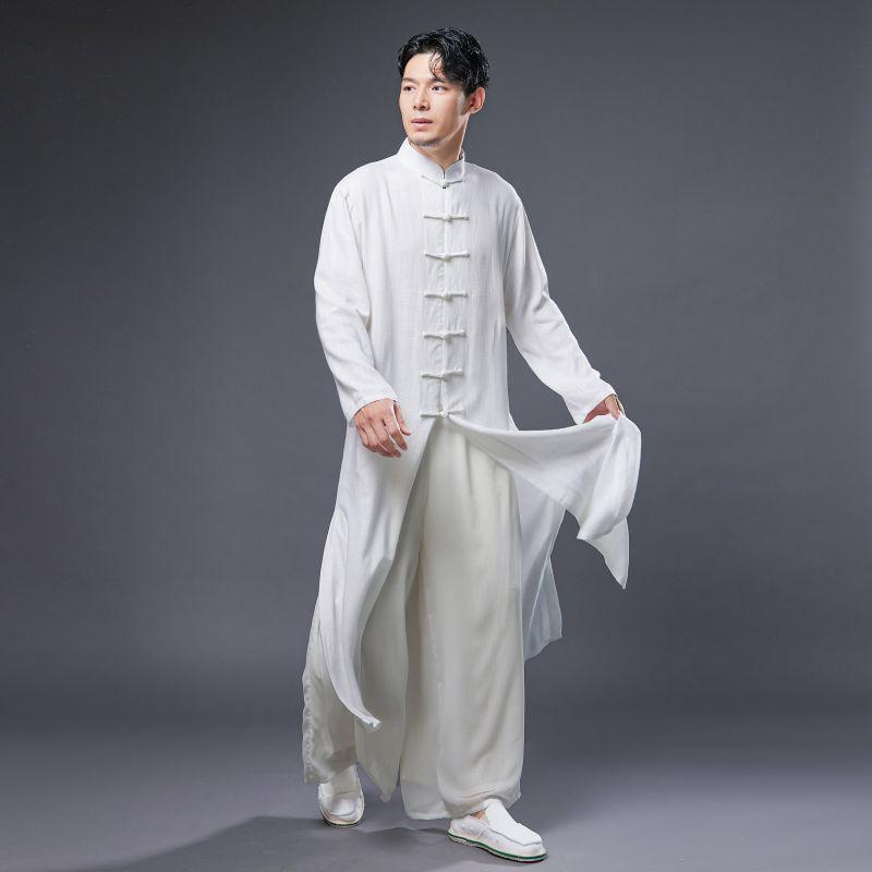 Men's Ethnic Long Sleeve Cotton Linen Robe with Stand Collar and Frog Buttons