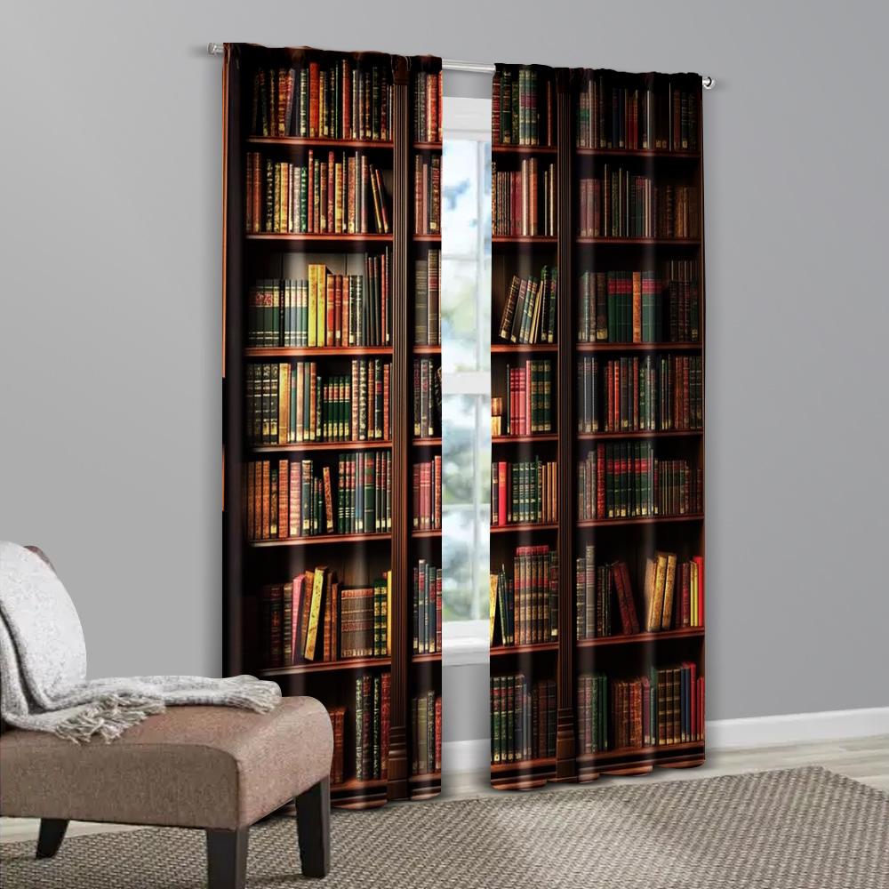 2pcs   Curtains Roller Blinds  print Vintage Bookshelf Print Polyester (without rod) Home Decor Ldeal for Bedroom & Living Room