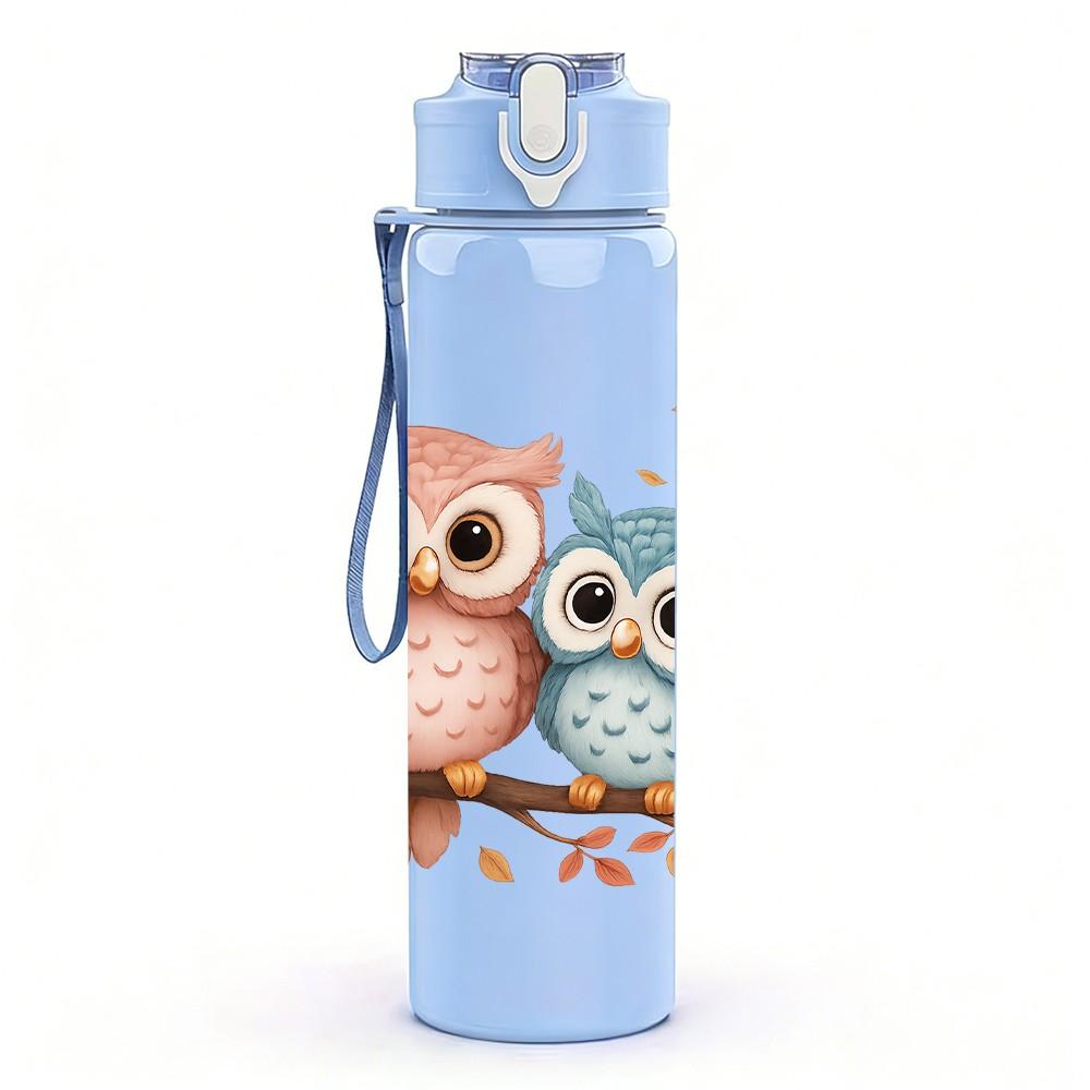 1PC Twin Owl Bird Branch Bust 750ml Color Plastic Sports Water Bottle Leakproof Flip Straw Lid For Sports Office Home Use