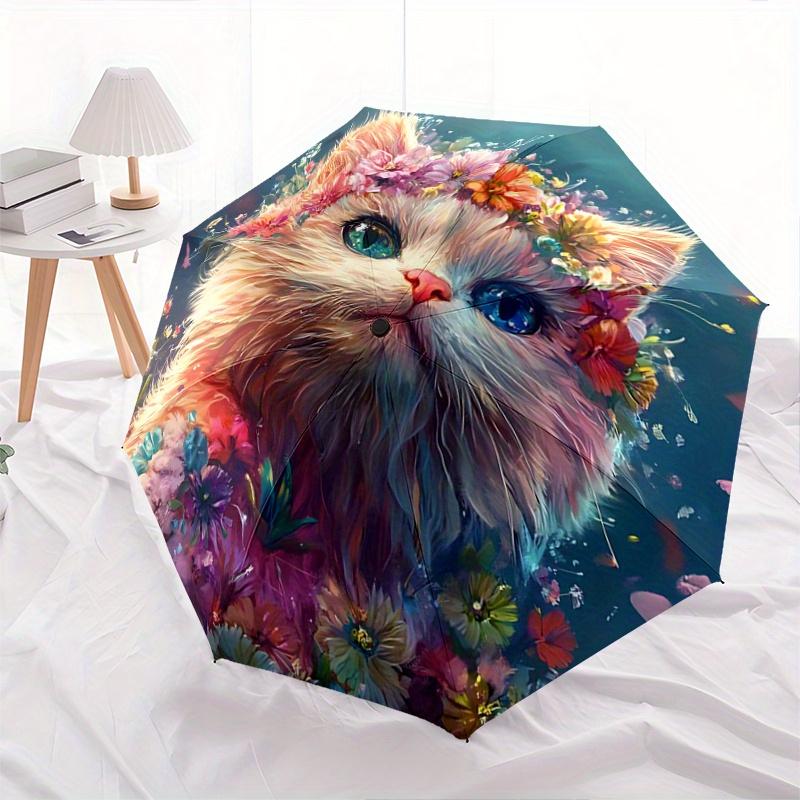 

1pc Floral Fantasy Kitten Automatic Opening and Closing Umbrella, Lightweight 3-Fold, With Cute Cartoon Characters, Suitable for Home, Outdoor and Dai