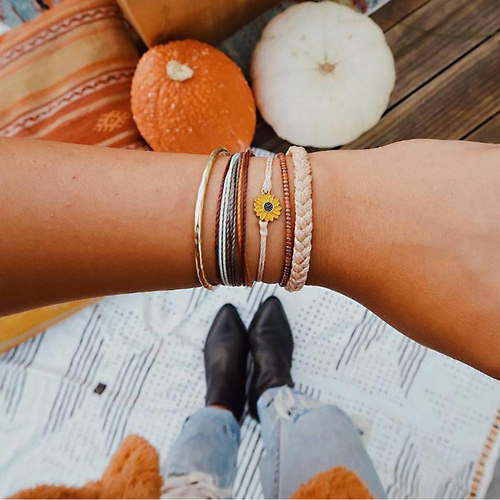 5 Piece Set Bohemian Small Daisy Leather Rope Vintage Bracelet Gold Plated Inlaid Artificial Gemstones