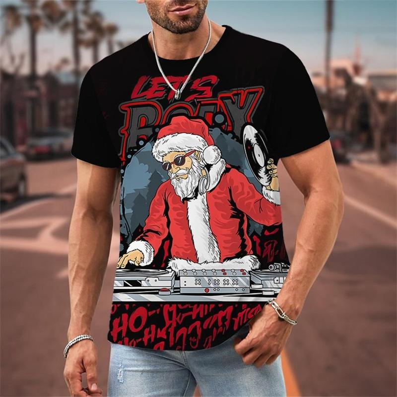 Funny Christmas Pattern T-Shirt For Men Santa Claus Music 3D Print Tees Summer Casual Short Sleeve Loose T Shirts Round Neck Top