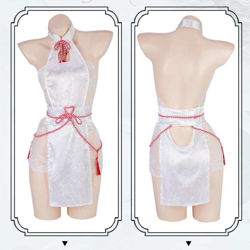 Sexy Chinese Cheongsam Skirt Backless Lace See Through High Split Hollow Out Lingerie Mini Qipao Set