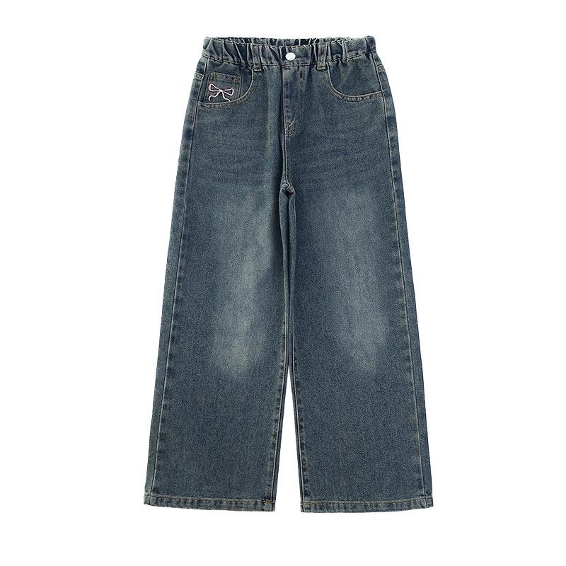Girls' 2024 Spring & Autumn Fleece-Lined Wide-Leg Jeans - Straight-Leg Style for Winter, Suitable for Middle and Big Children.