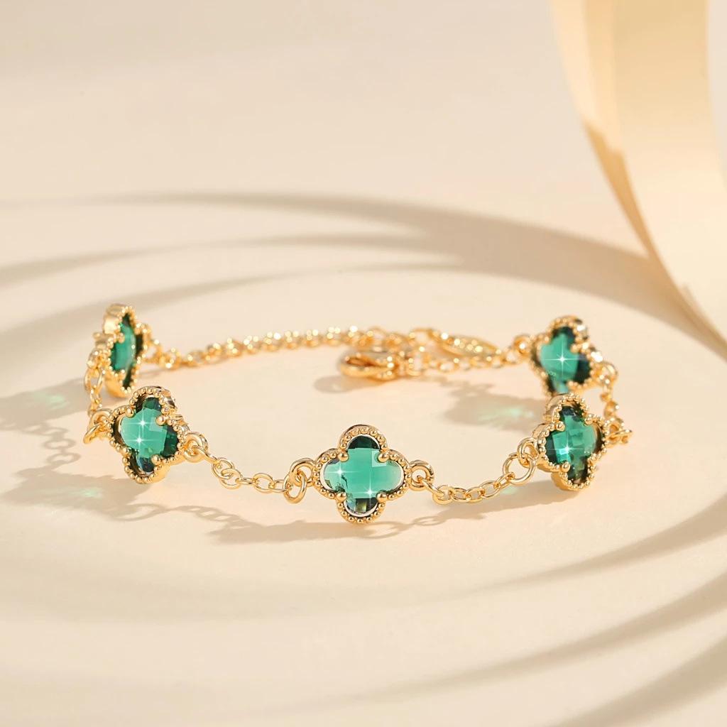 Ladies' Crystal Clover Bracelet with Five Leaf Flower Copper Gold Plated Bracelet