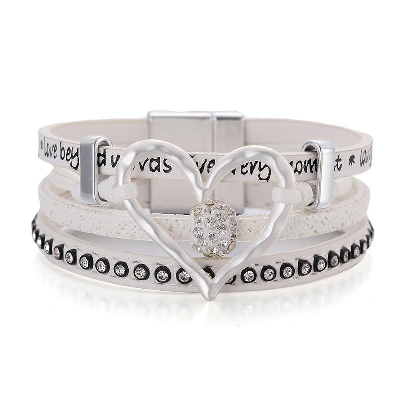 Vintage Multi-layer Leather Bracelet Womens Hollowed Out Heart-shaped Crystal Studded Magnetic Buckle Bangle Party Jewelry