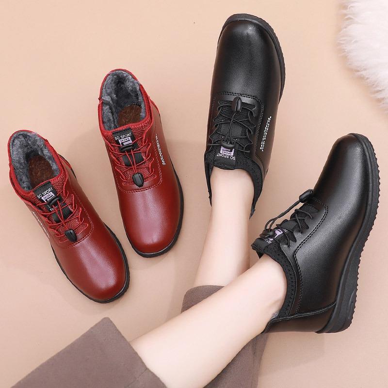 Winter shoes velvet warm middle-aged women's shoes non-slip soft-soled elderly leather shoes flat-soled casual low-top cotton shoes