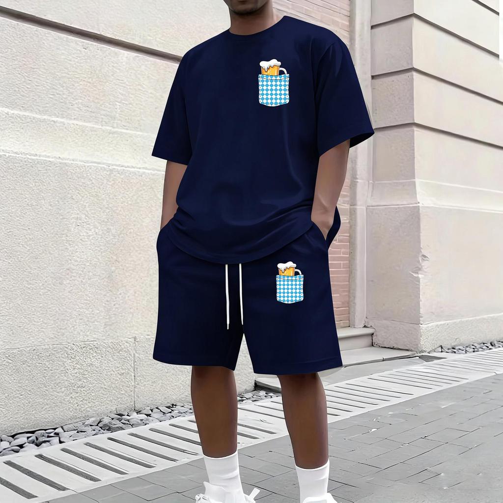 Herren Casual Kurzarm T-Shirt und Shorts Set Rundhalsausschnitt Oberteil und Bund mit Kordelzug Unterteil mit Taschen detail Geeignet für den täglichen Gebrauch