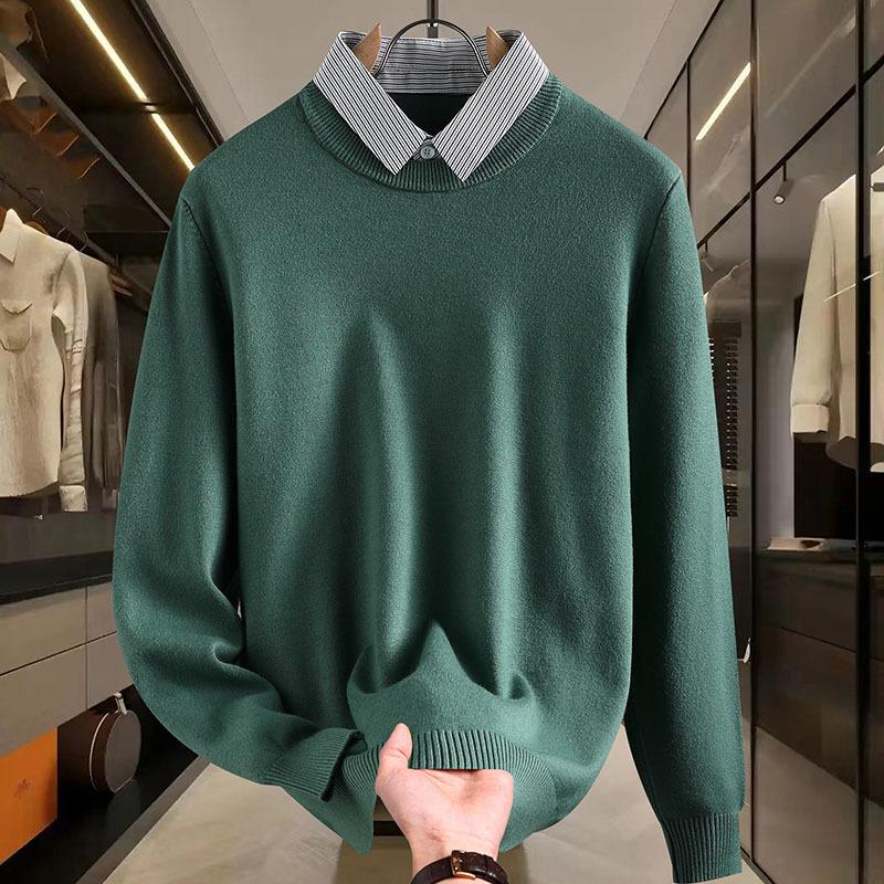 New Fake Two-piece Sweater for Men  Warm Autumn Winter Base Shirt Thread