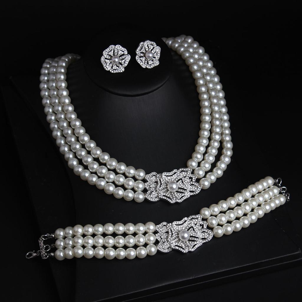 Multilayer Rhinestone Flower Imitation Pearl Beaded Choker Necklace Bracelet Stud Earrings Jewelry Party Gift