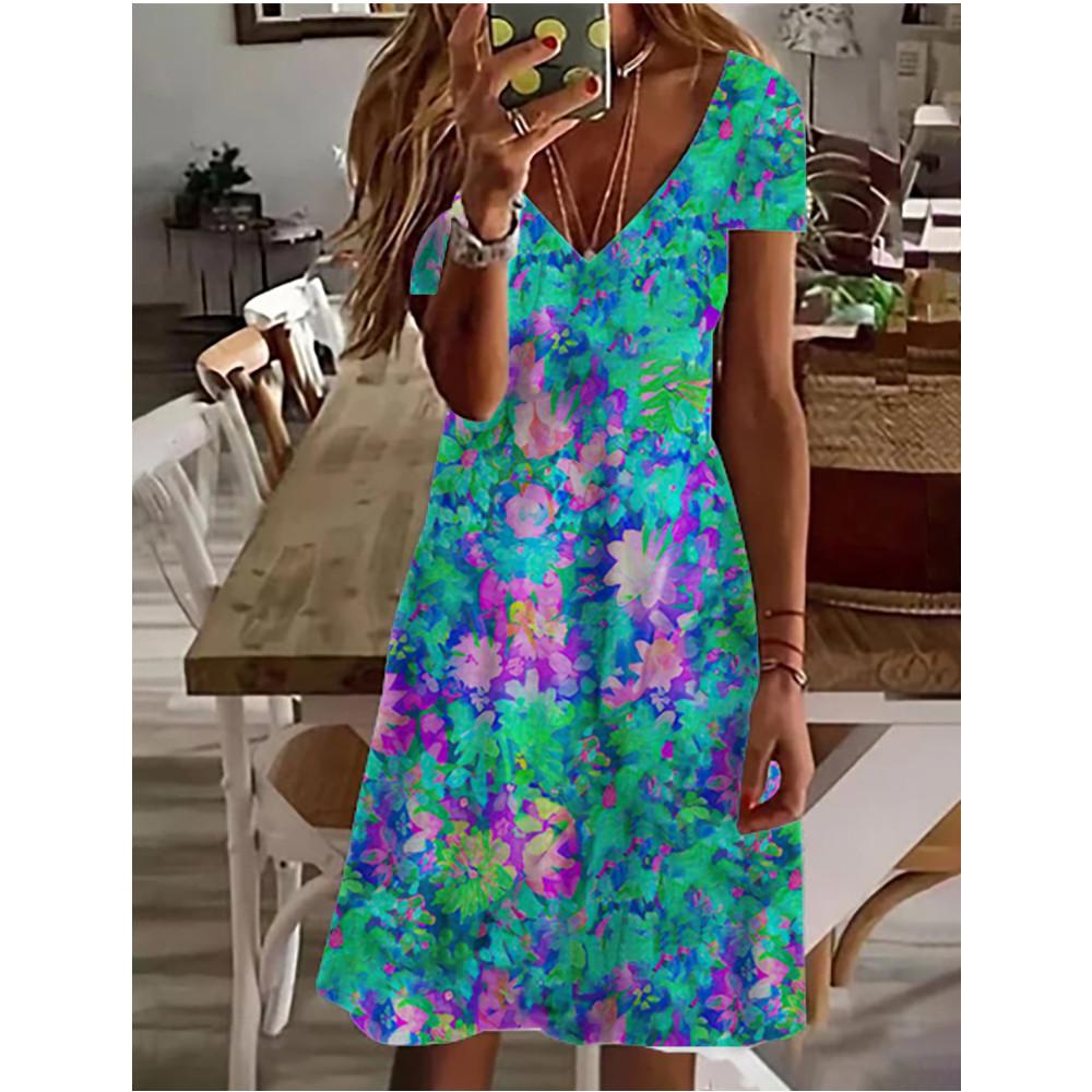 

Женское платье миди с короткими рукавами. Последняя летняя коллекция 2024 года. Женские модные платья с V-образным вырезом и милым цветочным принтом. S
