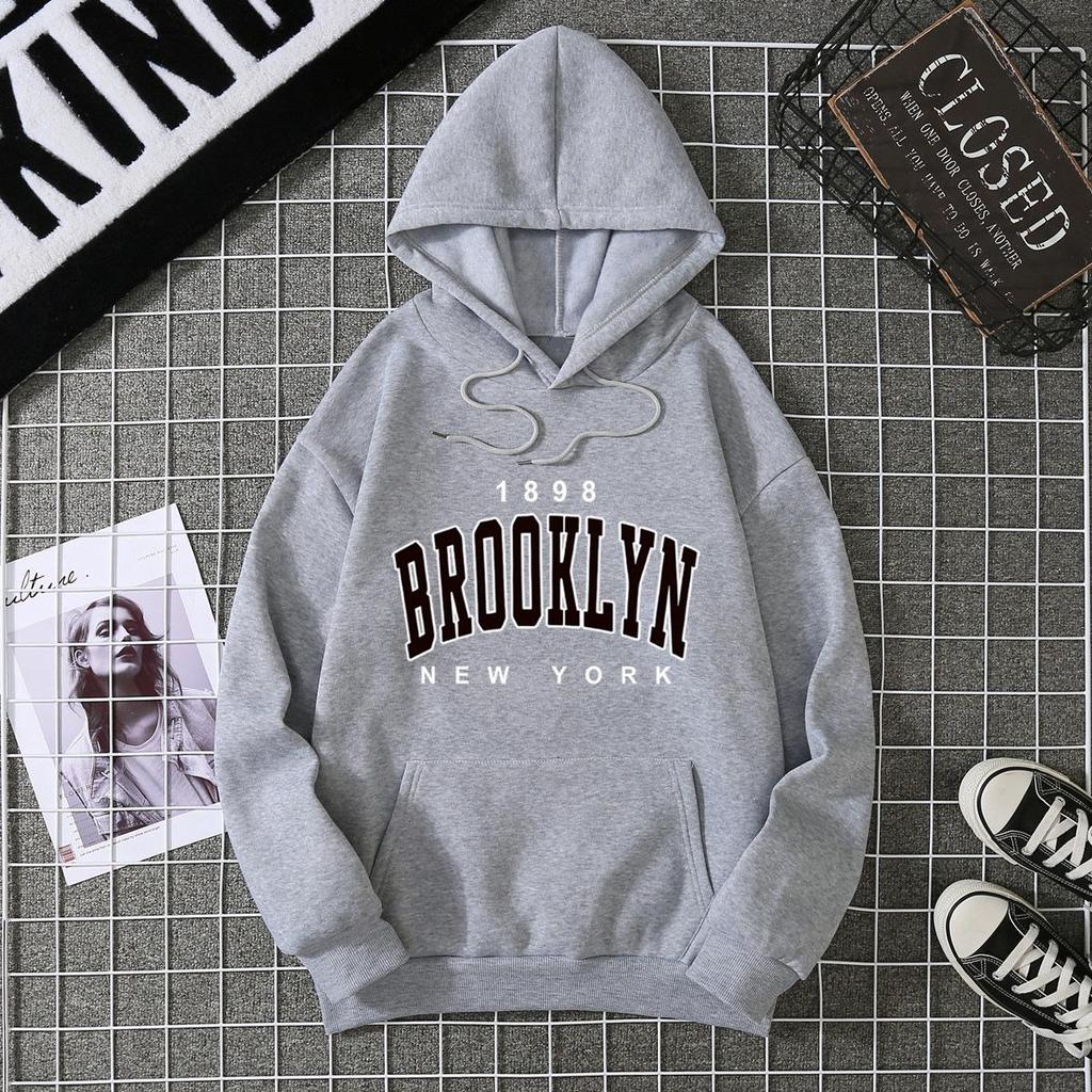 Brooklyn Print Fleece Hoodie: Autumn/Winter Loose Fit for Women & Couples