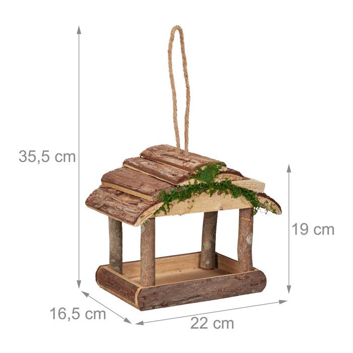 Relaxdays mangeoire pour oiseaux en bois, à suspendre, hlp 19 x 22 x 16,5 cm, jardin, distributeur de nourriture, nature