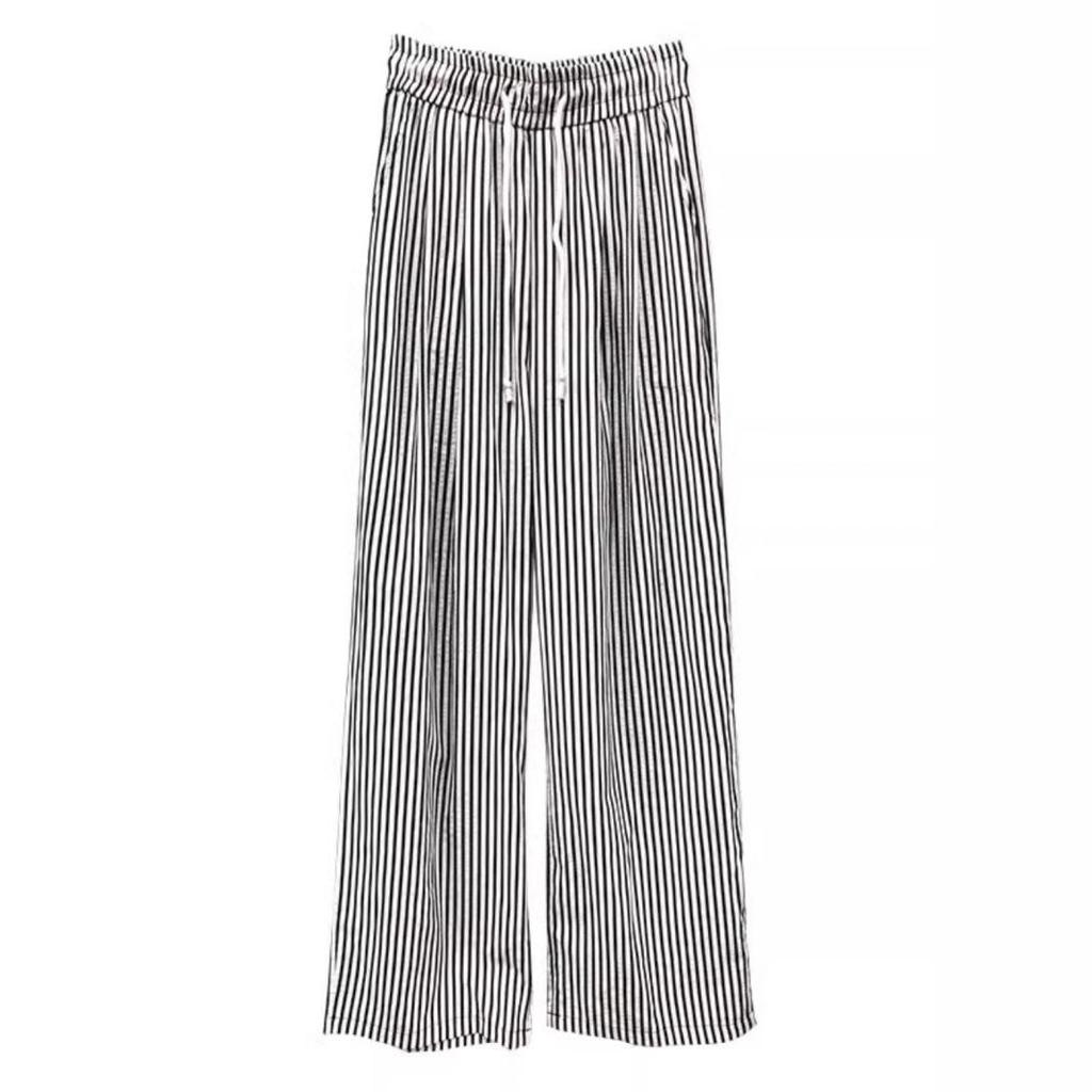 Petite Straight-Leg Tie-Waist Striped Wide-Leg Pants - Women's Casual Summer Loose Fit 145cm