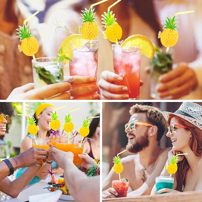 50Pcs Flamingo Drinking Straws Tropical Umbrellas Pineapple Juice Cocktail Disposable Juice Straws Hawaii Party Decoration