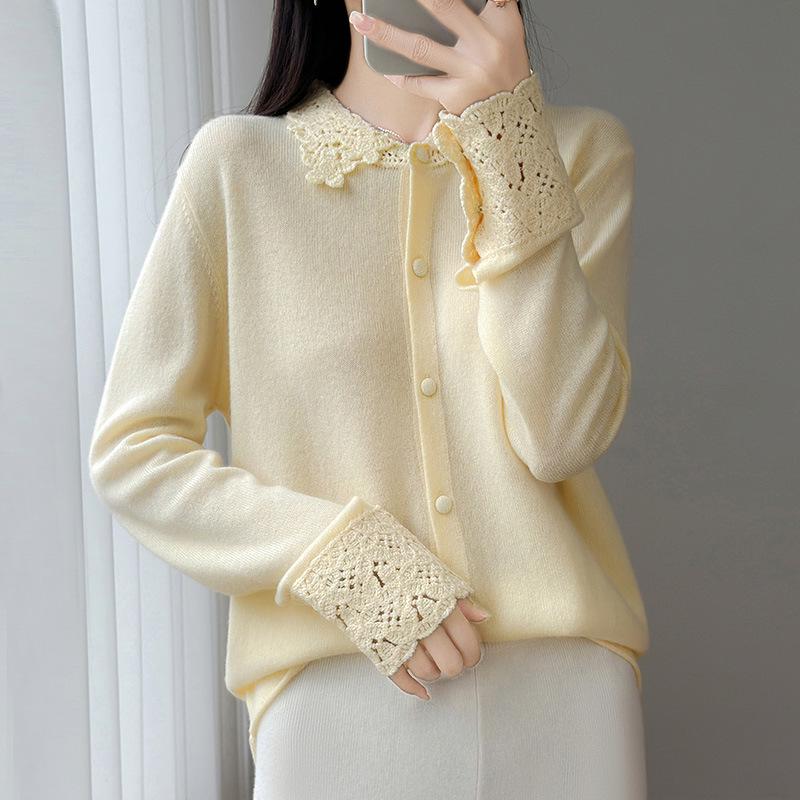 100% Mercerized Wool Crochet Lace Polo Collar Casual Versatile Knit Cardigan for Women