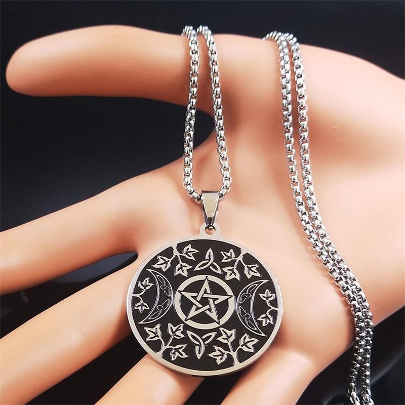 Witchcraft Pentagram Star Irish Knot Moon Sun Stainless Steel Necklaces Triple Moon Goddess Leaf Necklace Jewelry bijoux N3718