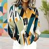 Women Plus Size Collared Long Sleeve Abstract Geometric Printed Button Front Curved Hem Shirt
