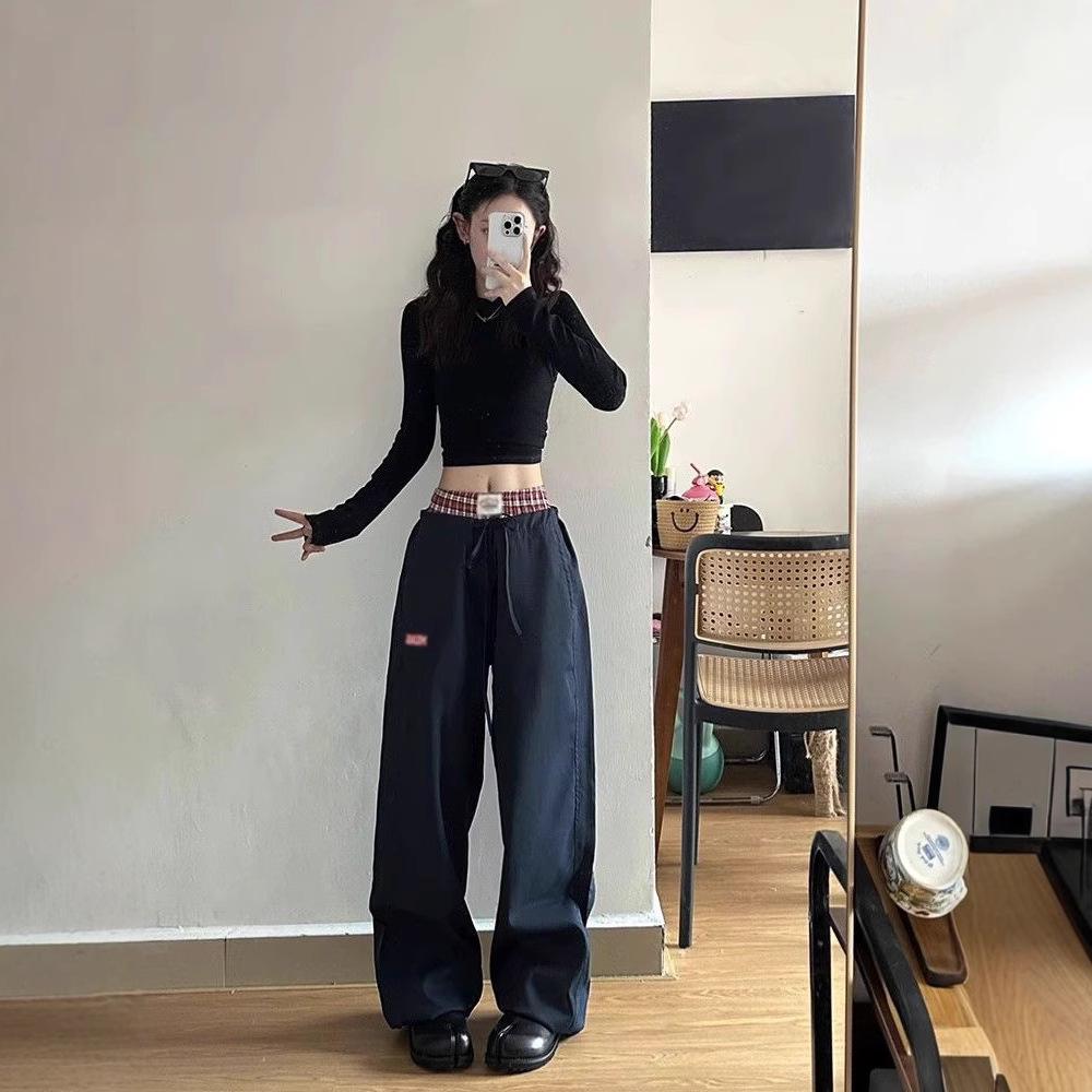 

Хуа Хлопок 75D Темно-синие Лоскутные Брюки Широкие - Женские Спортивные Повседневные Осенне-Зимние Брюки L 【up to 120 jin】