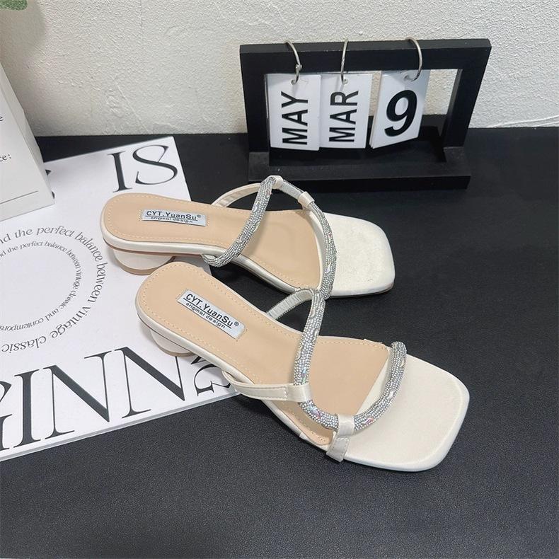 Coarse Heel Silver French Small Cool Slippers Women's Shoes Wear 2025 New Summer Fairy with Skirt Rhinestone Slippers