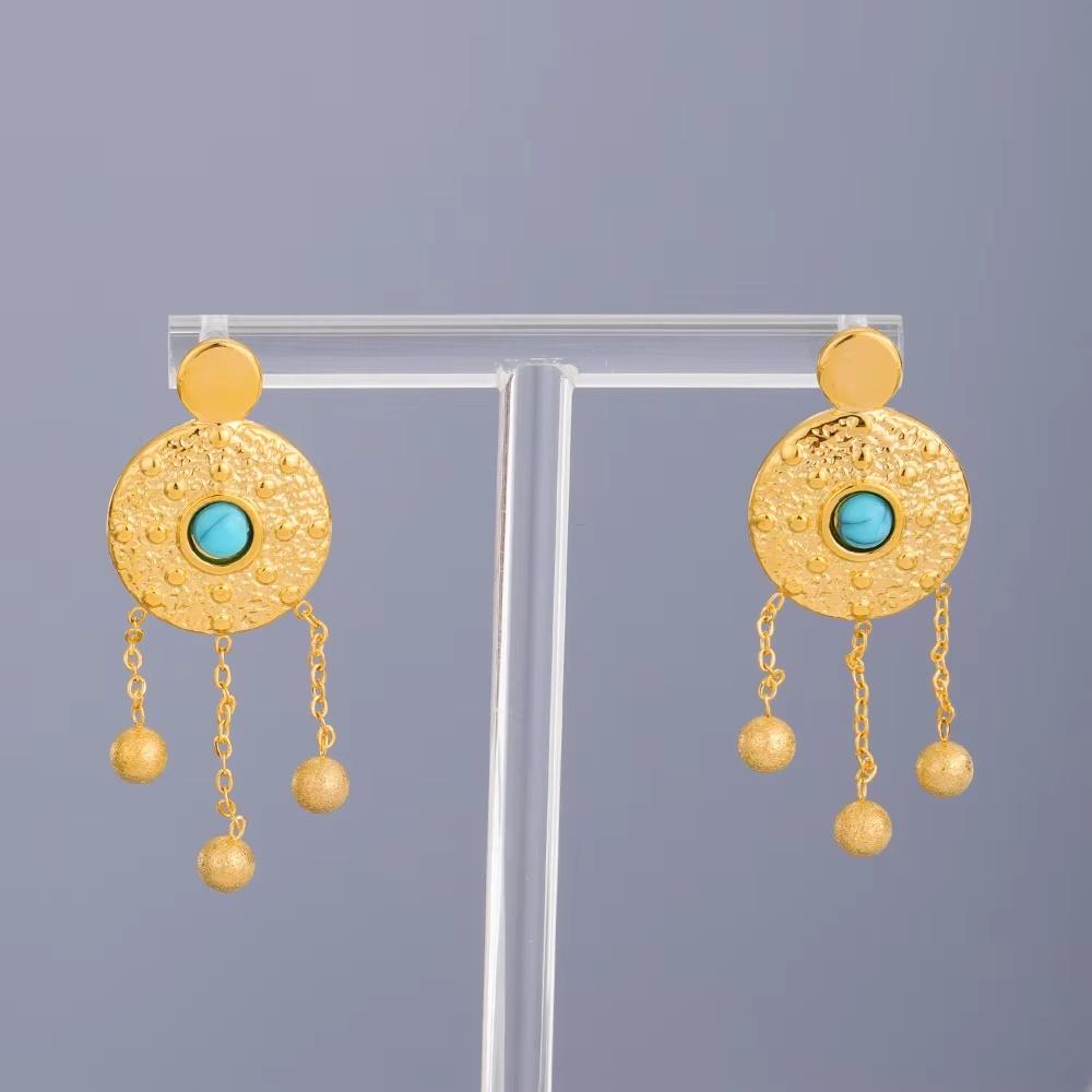 Fashion Geometric Design Hammer Texture Earrings Stainless Steel Nature Stone Turquoise Earrings  Suitable For Daily Wear