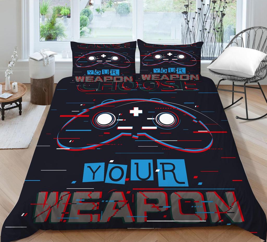 3D Bedding Single Double Bed Game Machine Printed Pillowcase and Quilt Cover 2/3 Pieces for Boys and Men Game Lovers Comfortable Household Bedding