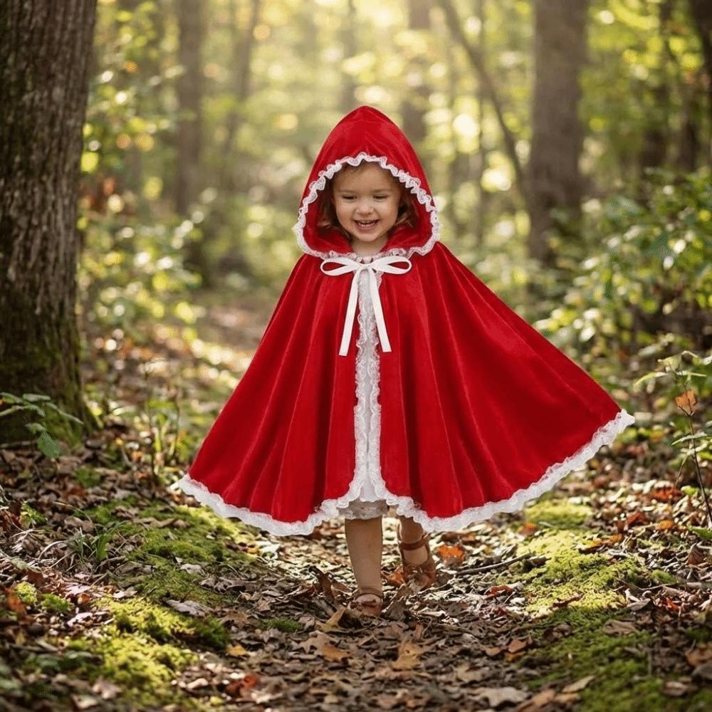 Polyester Red Hooded Cloak Fairy Tale Cosplay Costume Cape Creative Lace Trim Cloak Halloween