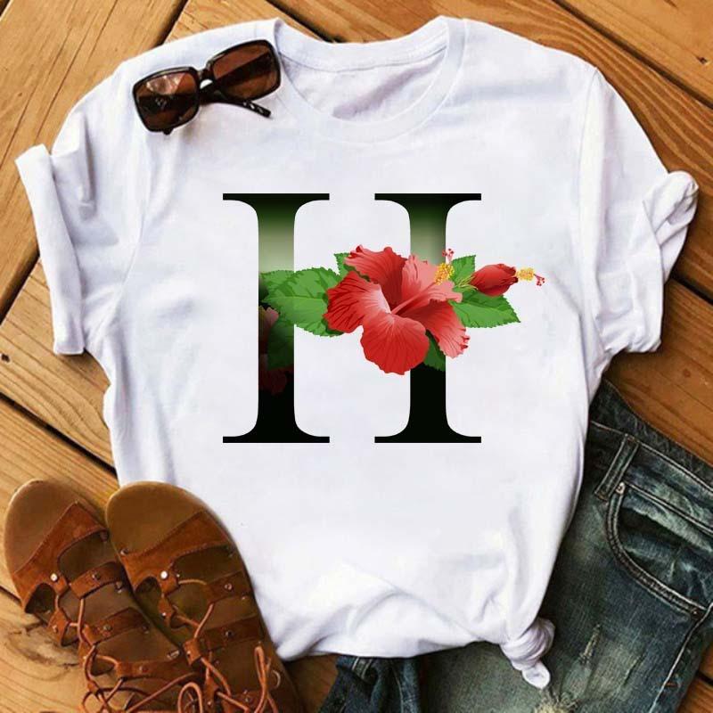 Womens Short Sleeved Tshirt with Floral Letter Print Top with Floral Pattern Casual Natural and Fashionable Daily WhiteTshirt
