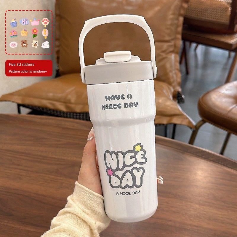 Large Capacity Thermos Cup for Women, New 2024 Model, Stylish Student Straw Cup, Dual-Use Coffee Cup, Portable