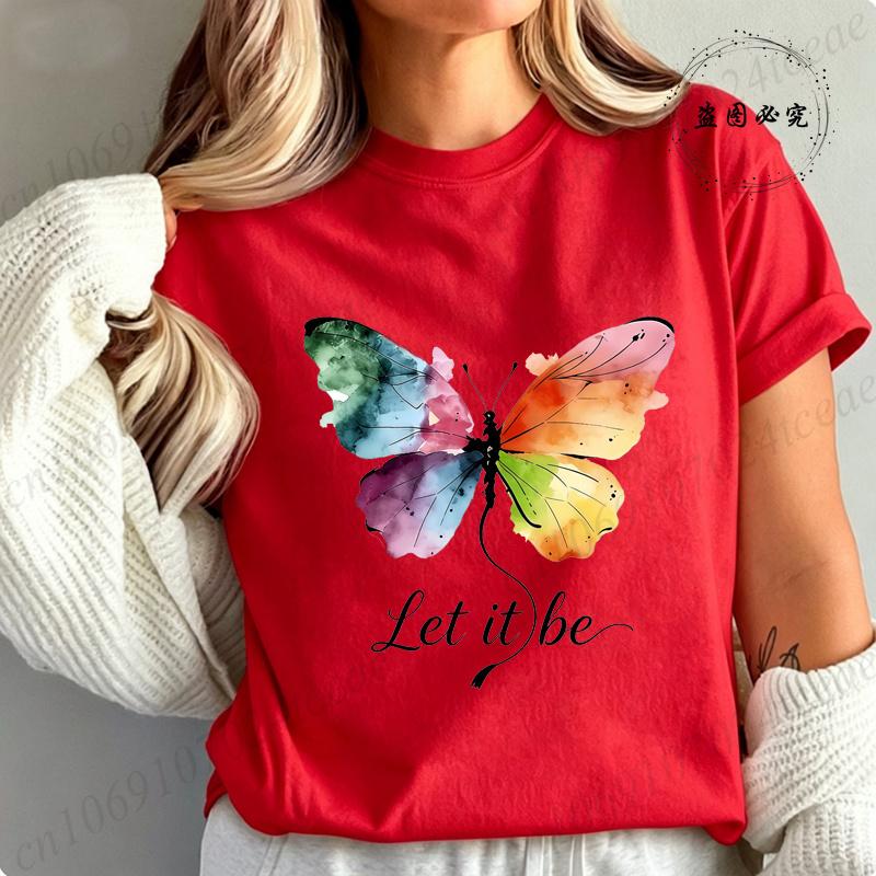 High Street T-Shirt Let It Be Rainbow Butterfly Print Shirt Fashion T-shirt Watercolor Butterfly Women Tee Summer Brand Tops