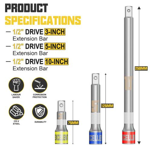 Faxdrts Extension Bar, 12.7mm (1/2 Inch) Drive Extension Socket Bar Set, 75mm, 125mm, 250mm Socket Adapter, Extension Bar, Extension Rod, Joint Bar