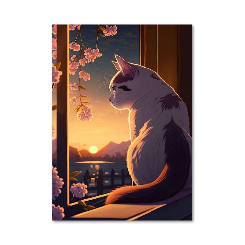 Japanische lustige Tierkatze Kirschblüte Poster und Drucke Leinwand Gemälde Wand Kunst Bilder für Wohnzimmer Wohnkultur