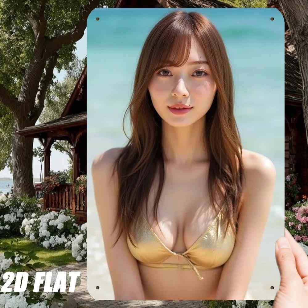 Retro Metallschild xin Goldenes Bikini Strandmädchen Kunst mit Meeresblick Perfekte Zimmerdekoration