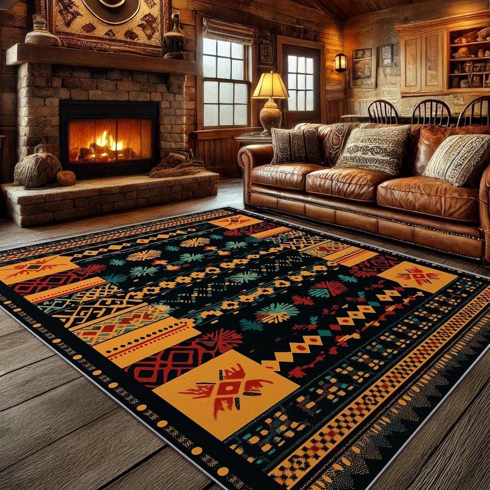 Southwestern Tribal Area Mat - Aztec Geometric Pattern Machine Washable Non-Slip  Polyester Mat, Vibrant Bohemian Decor for