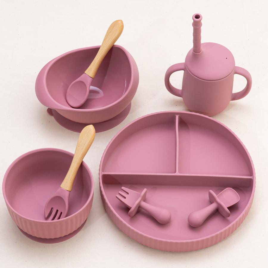 Wholesale Baby Weaning Feeding Solid Food Plate Bowl Set Non-Slip Suction Dishes Drinking Cup Fork Spoon Children's Tableware