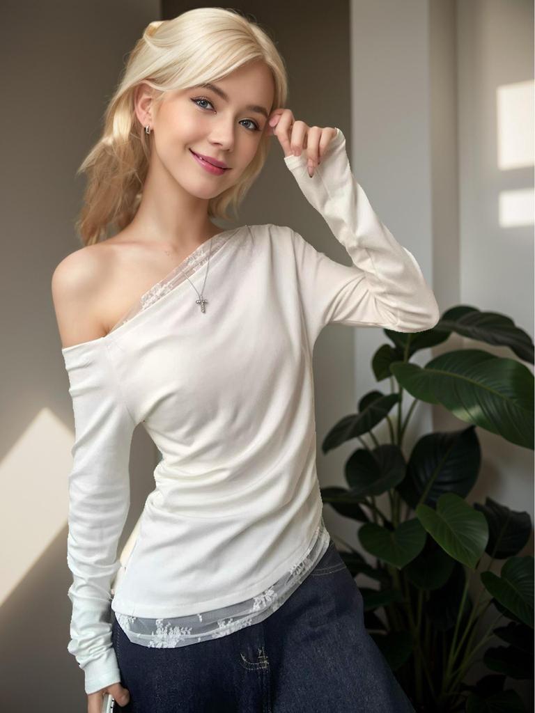 Off-Shoulder Spliced Lace Long-Sleeve Slim Top - 2024 New Pure & Sexy Autumn Style