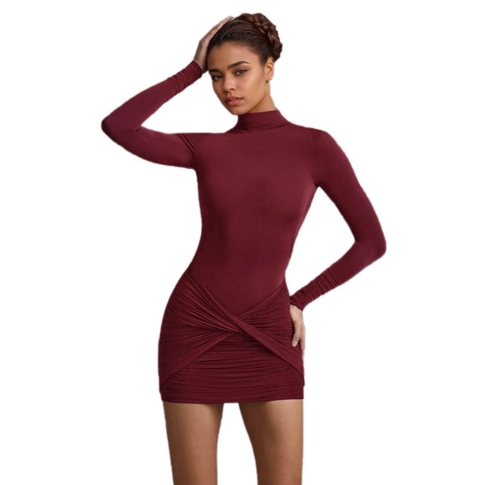 European and American sexy women's clothing solid color round neck long-sleeved pullover slim-fit backless hip-wrapped one-step dress