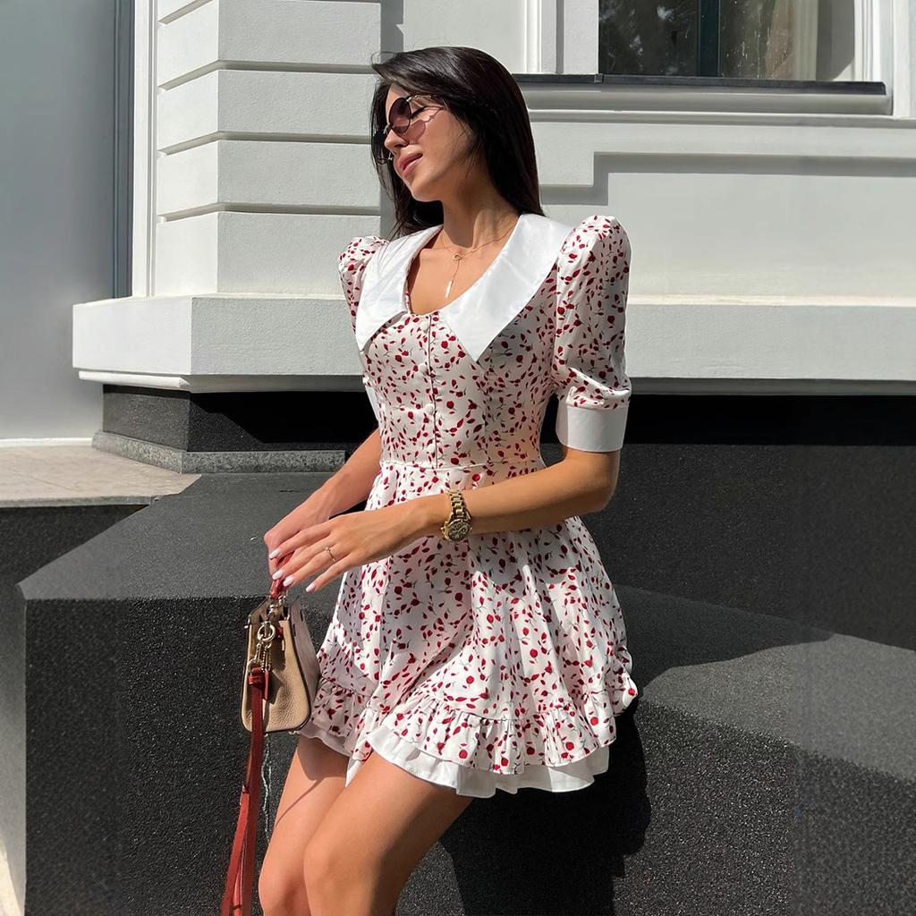 Women's V-neck printed dress Women's European and American summer new bubble sleeve short skirt Doll collar dress