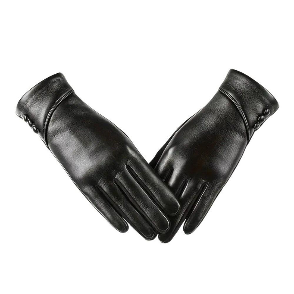 

Solid Color Full Finger Mittens Button Gloves Simple Women Leather Gloves Cycling