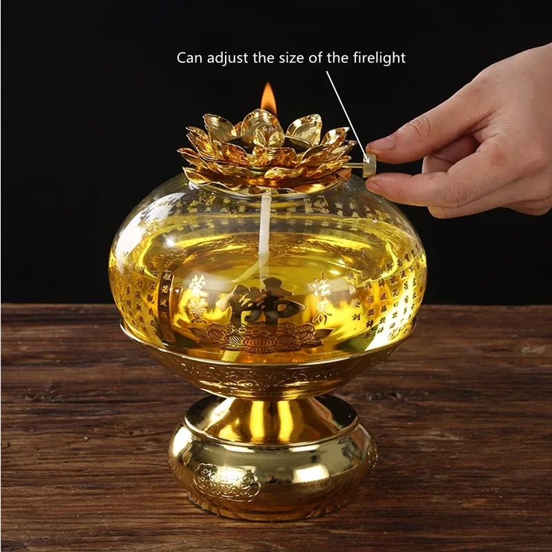 Buddha Offering Lamp, Transparent Glass Lotus Lamp, Buddha Heart Sutra Butter Lamp, Household Use, Prayer, Buddha Tools