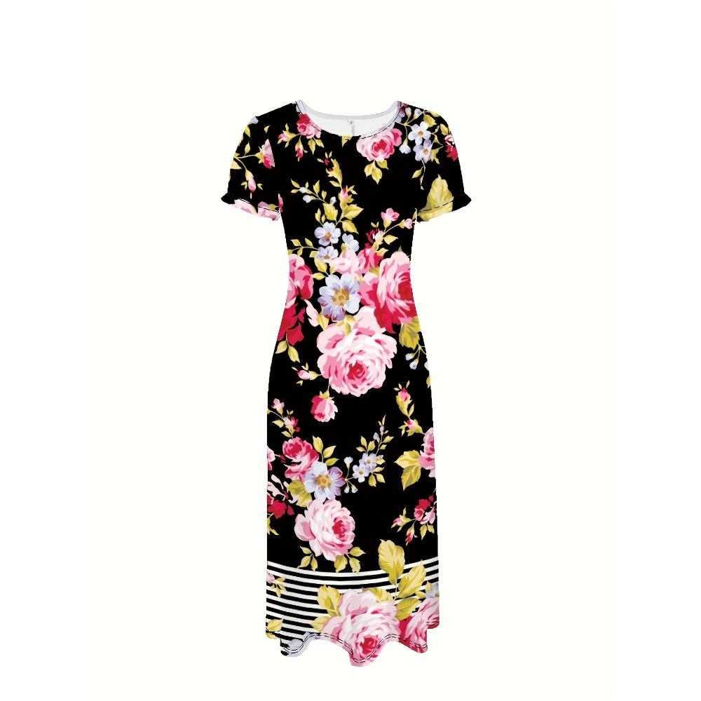Elegant plus-size fitted dress with round neck short sleeves, floral pattern, medium stretch